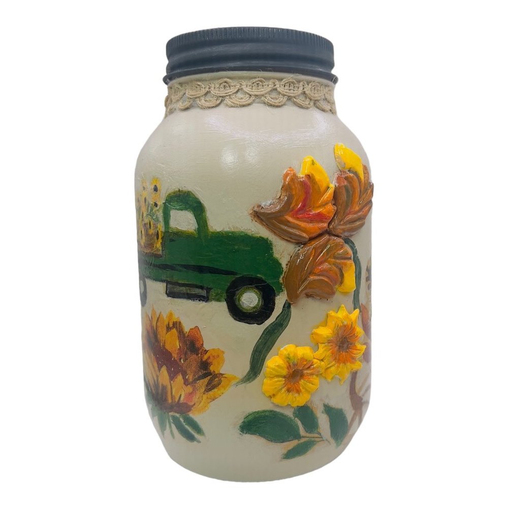 Handcrafted Floral Mason Jar with Truck Design and 3D Clay Farmhouse Artwork
